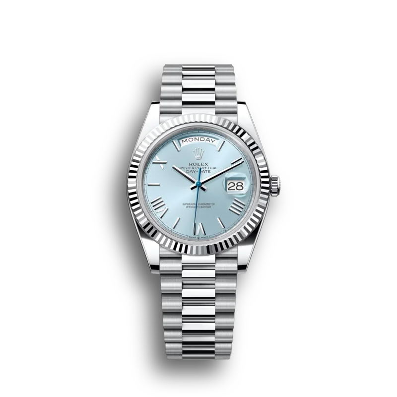 Super Clone Rolex Day-Date: 40 mm, Platinum with an ice-blue dial, Fluted bezel and a President bracelet, m228236-0012