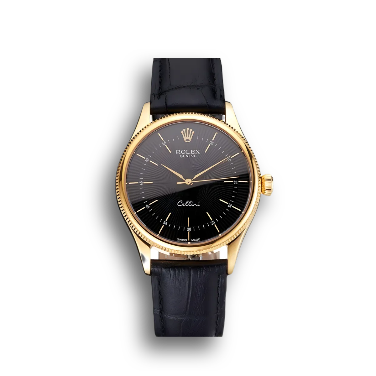 Super Clone Rolex Cellini Black Dial Gold Markings Gold Case Black Leather Strap