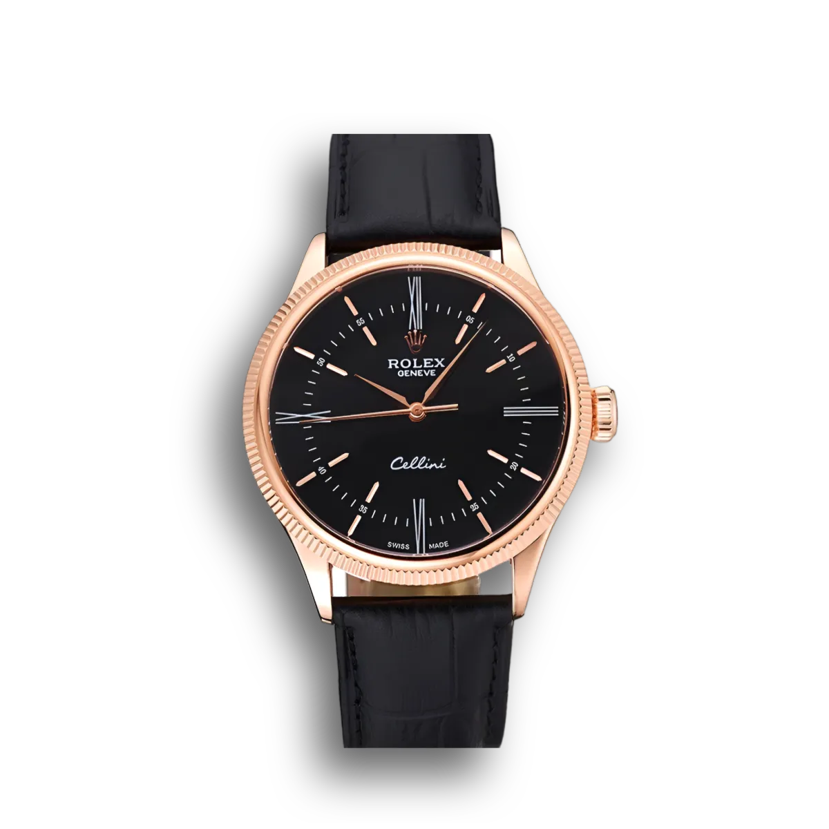 Super Clone Rolex Cellini Time Rose Gold Case Black Dial Black Leather Bracelet  622656
